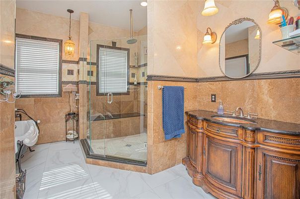 Bathroom, Glass Shower, Interior, Marble, Pendant Lights, Recessed Lighting
