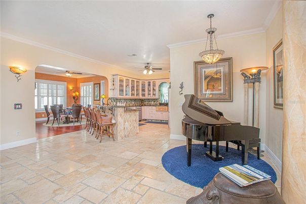 Dining room, Interior, Pendant Lights, Piano