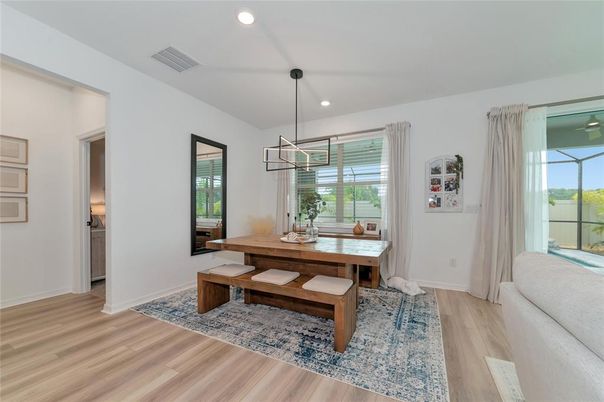 Dining room, Interior, Pendant Lights, Recessed Lighting, Wood Texture Flooring