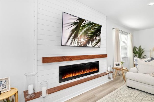 Fireplace, Interior, Recessed Lighting, Wood Texture Flooring