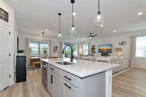 Dining room, Interior, Kitchen, Living room, Pendant Lights, Recessed Lighting, Wood Texture Flooring