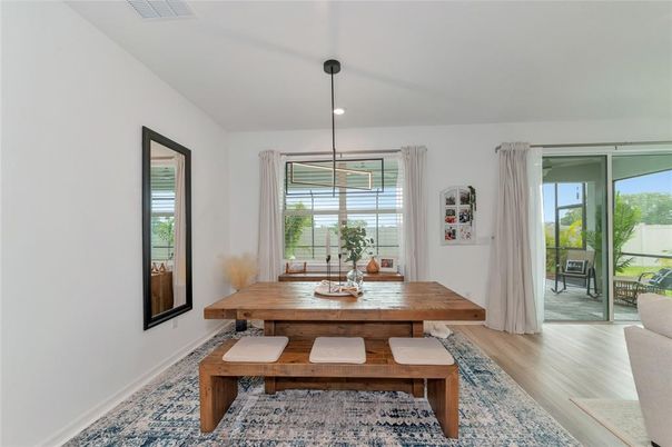 Dining room, Interior, Pendant Lights, Wood Texture Flooring