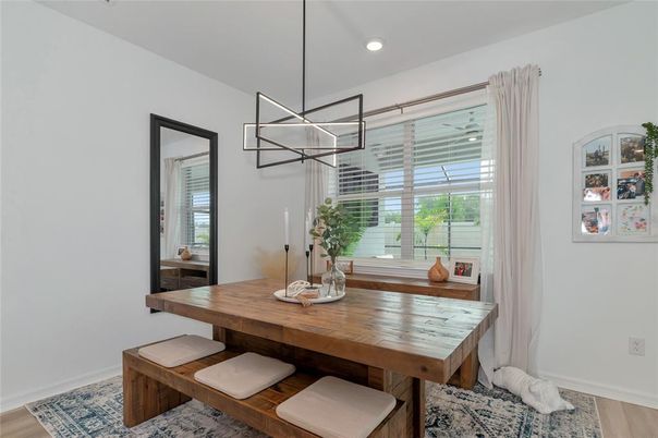 Dining room, Interior, Pendant Lights, Recessed Lighting, Wood Texture Flooring