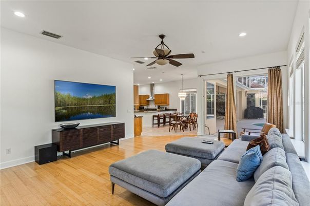 Dining room, Interior, Kitchen, Living room, Pendant Lights, Recessed Lighting, Wood Texture Flooring