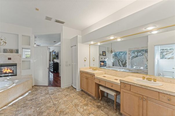 Bathroom, Dual Sink Vanities, Fireplace, Interior, Recessed Lighting