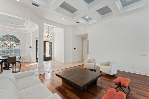 Chandelier, Dining room, Interior, Living room, Pendant Lights, Recessed Lighting, Wood Texture Flooring