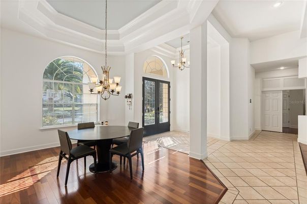 Chandelier, Dining room, Interior, Pendant Lights, Recessed Lighting, Wood Texture Flooring