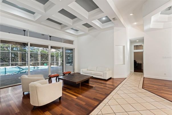 Interior, Living room, Pool, Recessed Lighting, Wood Texture Flooring