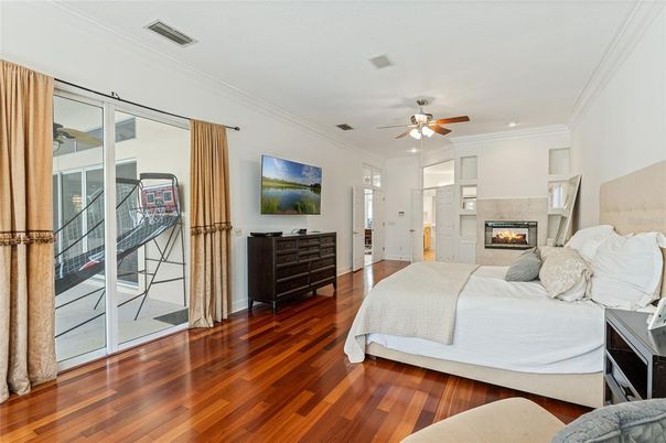 Bedroom, Fireplace, Interior, Recessed Lighting, Wood Texture Flooring