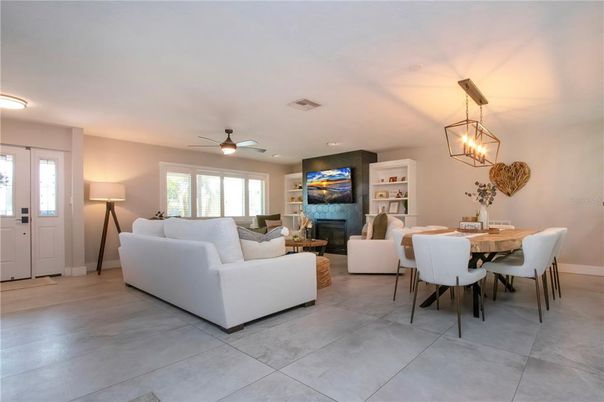 Dining room, Fireplace, Interior, Living room, Pendant Lights, Recessed Lighting