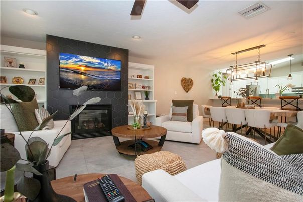 Dining room, Fireplace, Interior, Living room, Pendant Lights, Recessed Lighting