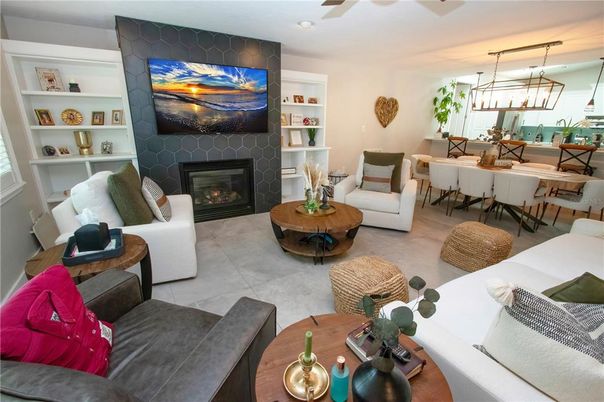 Dining room, Fireplace, Interior, Living room, Pendant Lights
