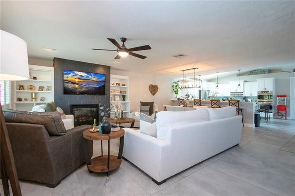 Dining room, Fireplace, Interior, Kitchen, Living room, Pendant Lights