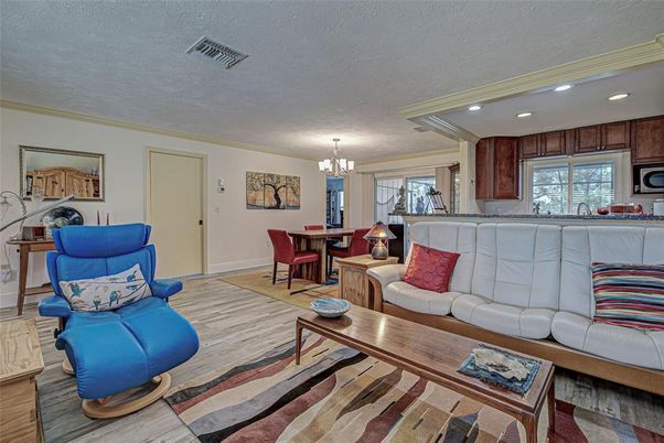 Chandelier, Dining room, Interior, Kitchen, Living room, Recessed Lighting, Wood Texture Flooring