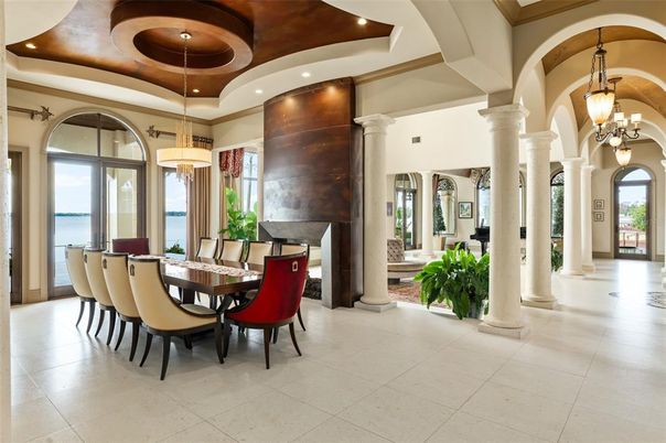 Dining room, Fireplace, Interior, Pendant Lights, Recessed Lighting, Wooden Ceilings