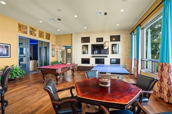 Billiard Table, Fireplace, Game Room, Interior, Pendant Lights, Recessed Lighting, Wood Texture Flooring