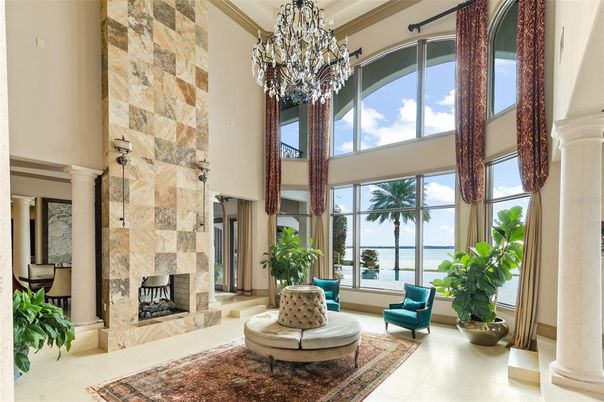 Chandelier, Fireplace, Interior
