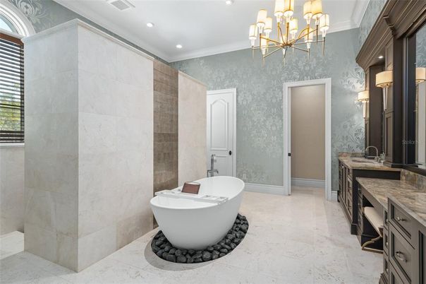 Bathroom, Chandelier, Dual Sink Vanities, Free Standing Baths, Interior, Recessed Lighting
