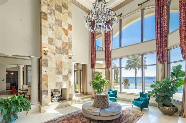 Chandelier, Fireplace, Interior, Living room, Stone Walls, Water