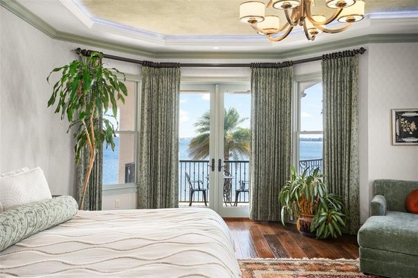Bedroom, Chandelier, Interior, Recessed Lighting, Water, Wood Texture Flooring