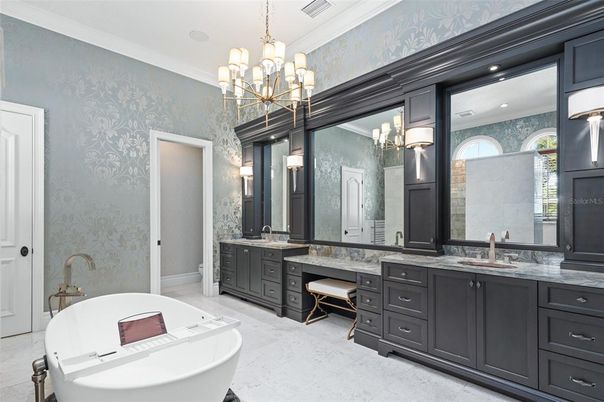 Bathroom, Chandelier, Dual Sink Vanities, Free Standing Baths, Interior, Marble, Pendant Lights, Recessed Lighting