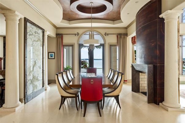 Dining room, Fireplace, Interior, Pendant Lights, Water