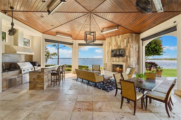 Dining room, Fireplace, Interior, Pendant Lights, Water, Wooden Ceilings