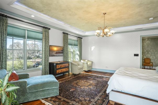Bedroom, Chandelier, Interior, Recessed Lighting, Wood Texture Flooring