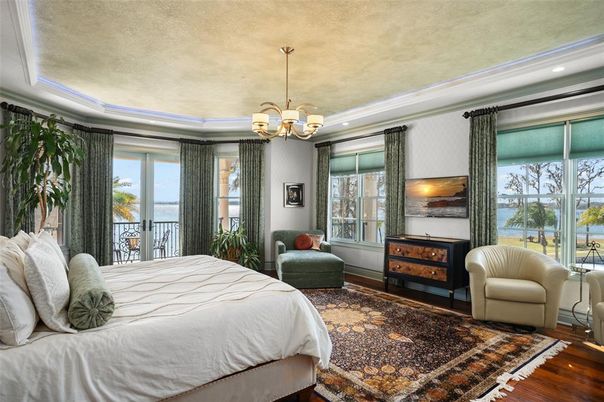 Bedroom, Chandelier, Interior, Recessed Lighting, Wood Texture Flooring