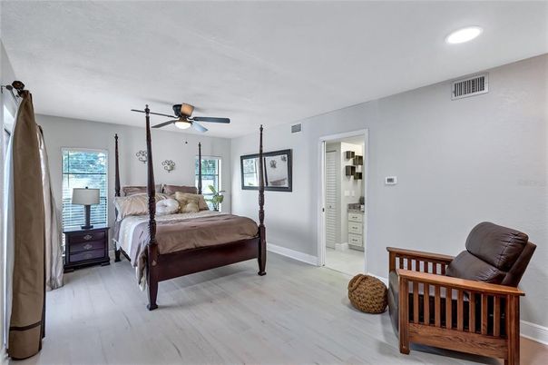 Bedroom, Interior, Recessed Lighting, Wood Texture Flooring