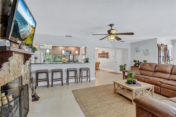 Fireplace, Interior, Kitchen, Living room, Pendant Lights