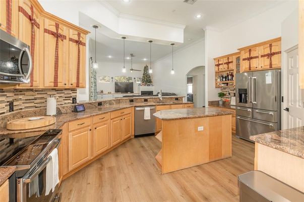 Interior, Kitchen, Pendant Lights, Recessed Lighting, Stainless Steel Appliances, Wood Texture Flooring