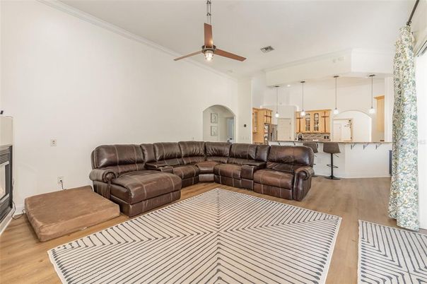 Fireplace, Interior, Kitchen, Living room, Pendant Lights, Wood Texture Flooring