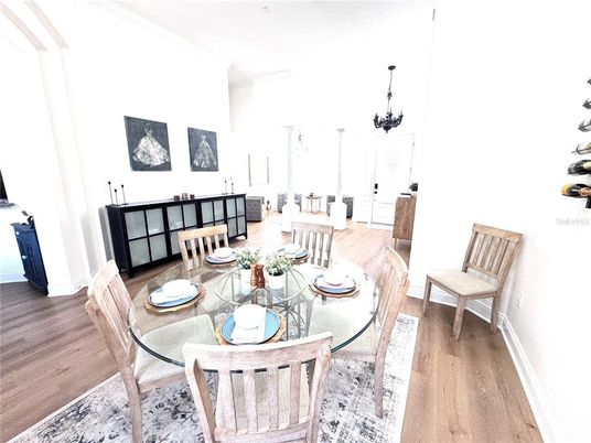 Chandelier, Dining room, Interior, Pendant Lights, Wood Texture Flooring