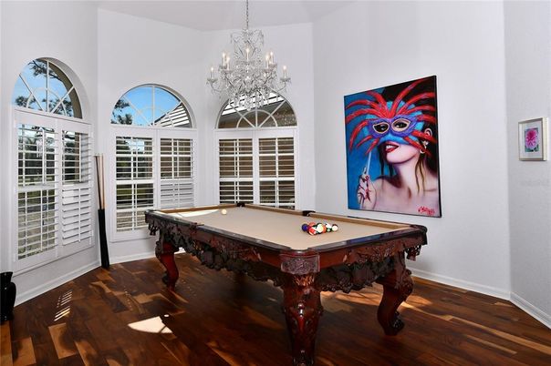 Billiard Table, Chandelier, Game Room, Interior, Wood Texture Flooring