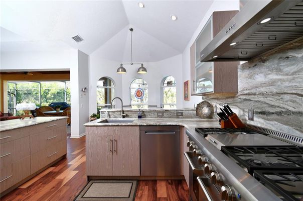 Interior, Kitchen, Pendant Lights, Recessed Lighting, Stainless Steel Appliances, Wood Texture Flooring