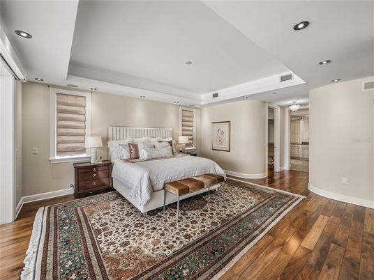 Bedroom, Interior, Recessed Lighting, Wood Texture Flooring