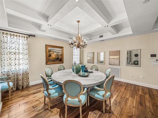 Chandelier, Dining room, Interior, Recessed Lighting, Wood Texture Flooring