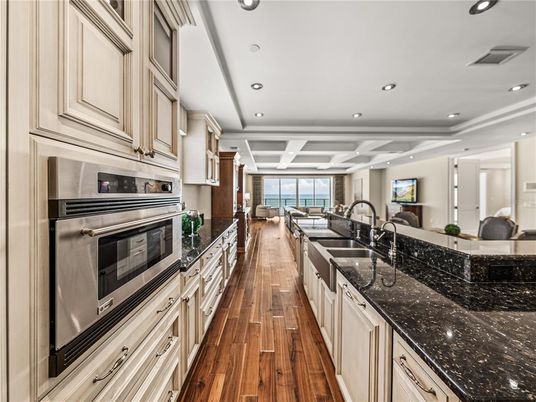 Interior, Kitchen, Living room, Recessed Lighting, Stainless Steel Appliances, Wood Texture Flooring
