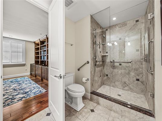 Bathroom, Glass Shower, Interior, Recessed Lighting, Wood Texture Flooring
