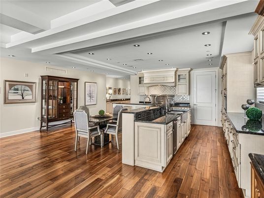 Dining room, Interior, Kitchen, Recessed Lighting, Stainless Steel Appliances, Wood Texture Flooring