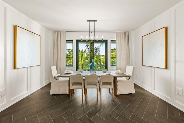 Dining room, Interior, Pendant Lights, Wood Texture Flooring