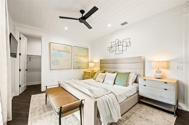 Bedroom, Interior, Recessed Lighting, Wood Texture Flooring
