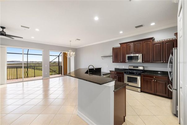 Chandelier, Interior, Kitchen, Recessed Lighting, Stainless Steel Appliances