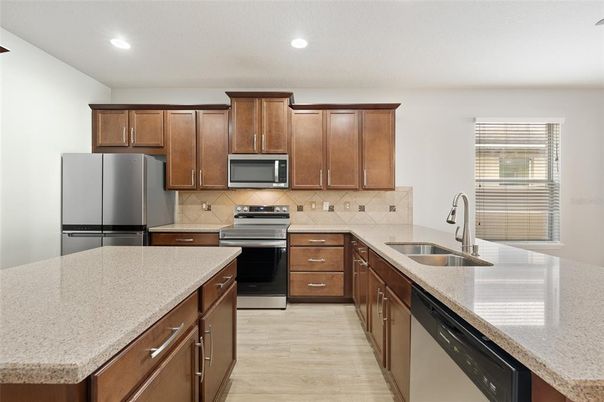 Interior, Kitchen, Recessed Lighting, Stainless Steel Appliances, Wood Texture Flooring