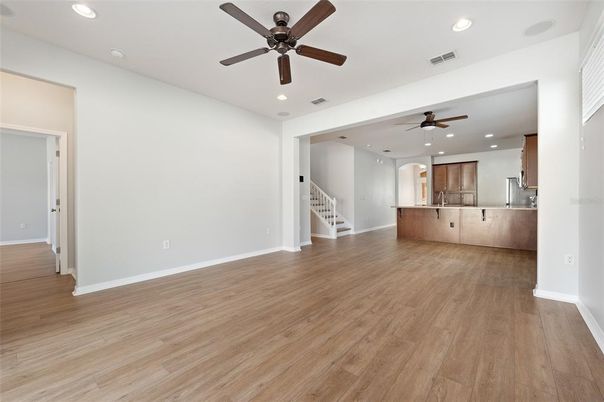 Empty room, Interior, Kitchen, Recessed Lighting, Wood Texture Flooring
