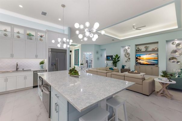 Interior, Kitchen, Living room, Marble, Pendant Lights, Recessed Lighting