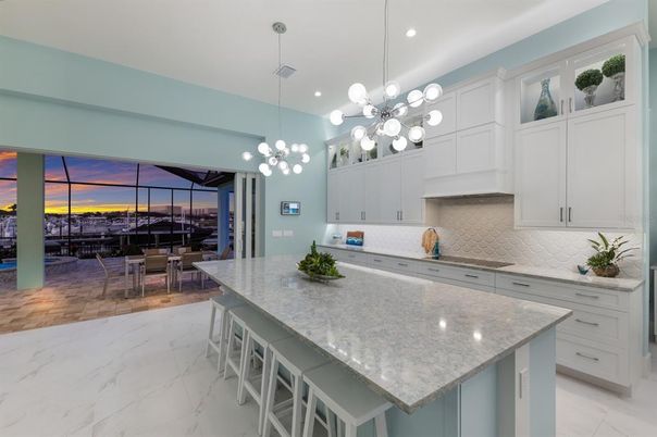 Dining room, Interior, Kitchen, Marble, Pendant Lights, Recessed Lighting, Stainless Steel Appliances