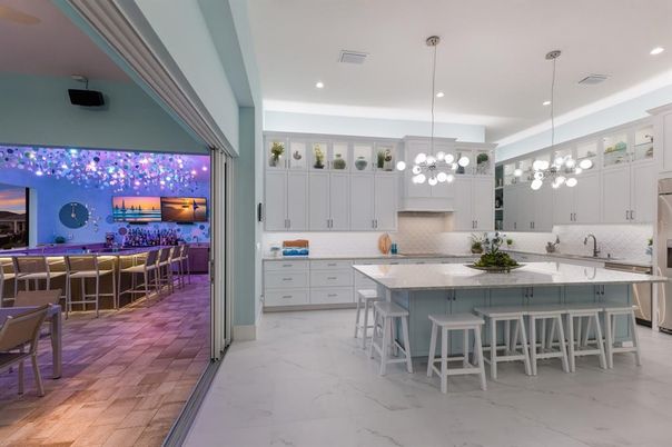 Interior, Kitchen, Marble, Pendant Lights, Recessed Lighting, Stainless Steel Appliances