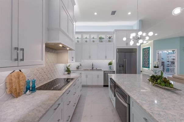 Interior, Kitchen, Marble, Pendant Lights, Recessed Lighting, Stainless Steel Appliances
